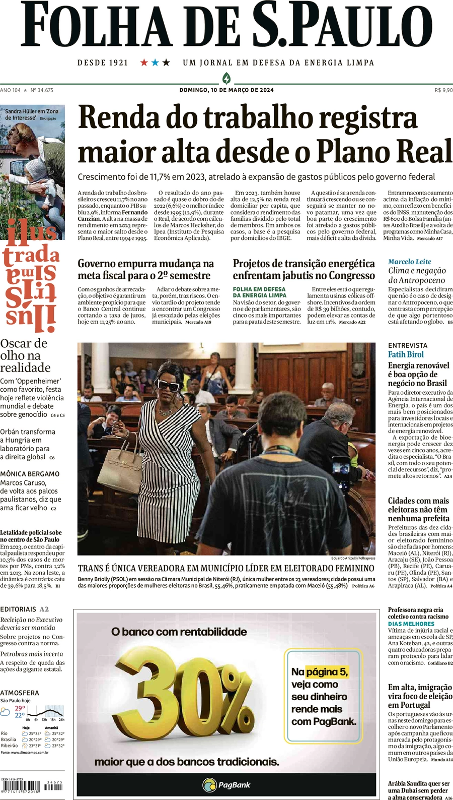 anteprima della prima pagina di folha-de-s.paulo del 10/03/2024