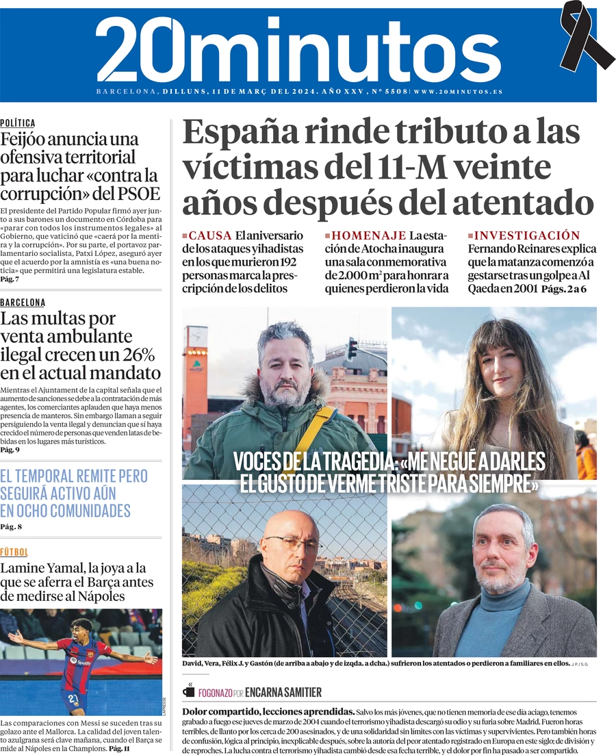 anteprima della prima pagina di 20-minutos-barcelona del 11/03/2024
