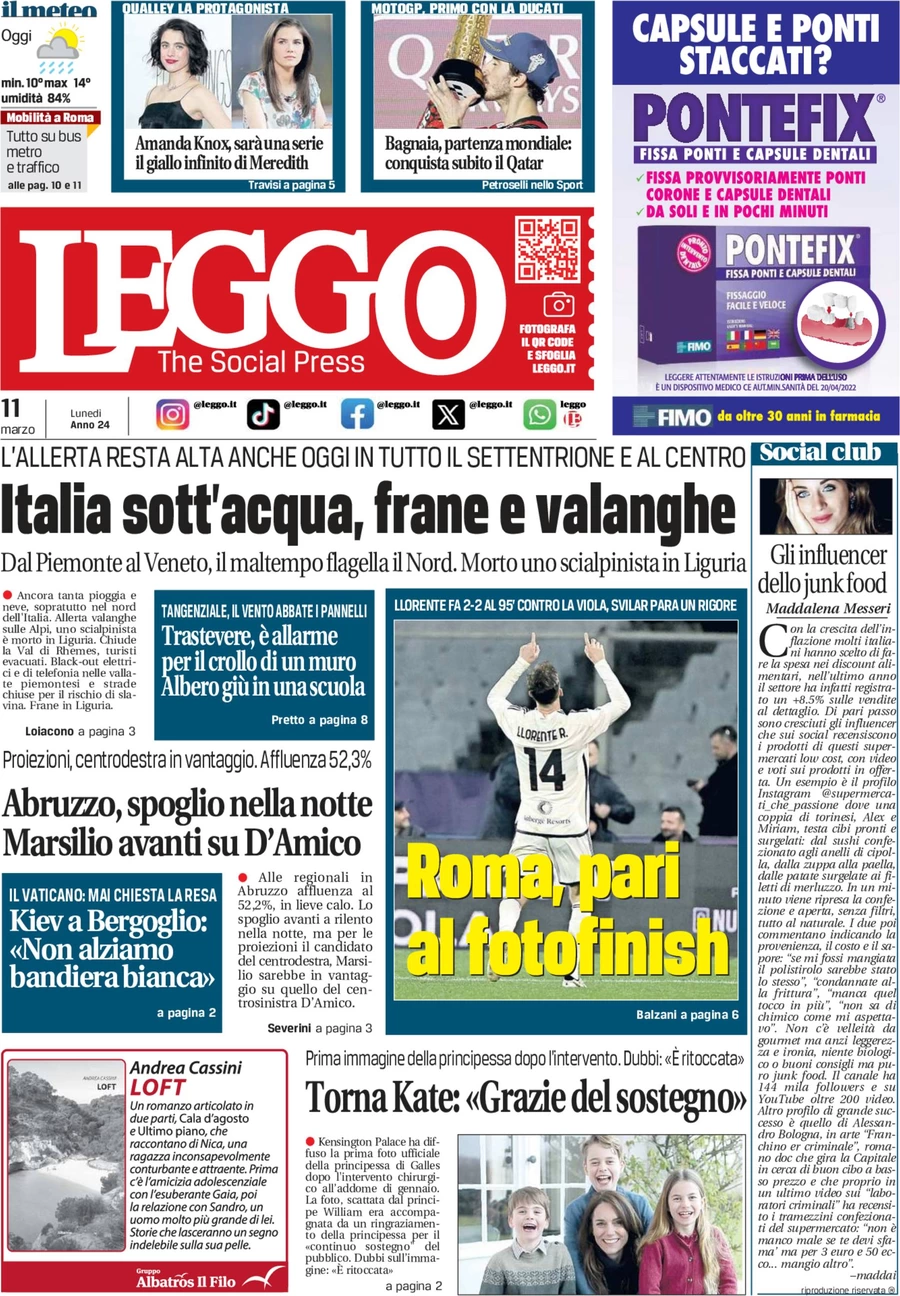 anteprima della prima pagina di leggo-roma del 11/03/2024