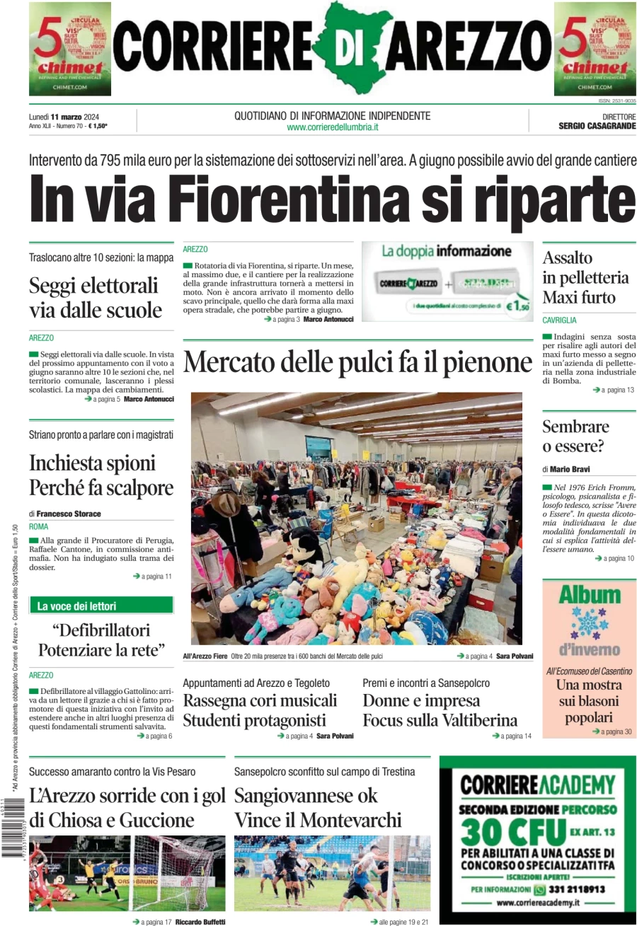 prima pagina - Corriere di Arezzo del 11/03/2024