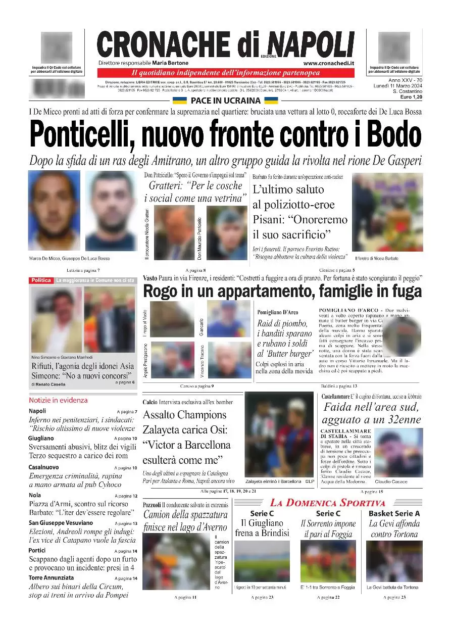 anteprima della prima pagina di cronache-di-napoli del 11/03/2024