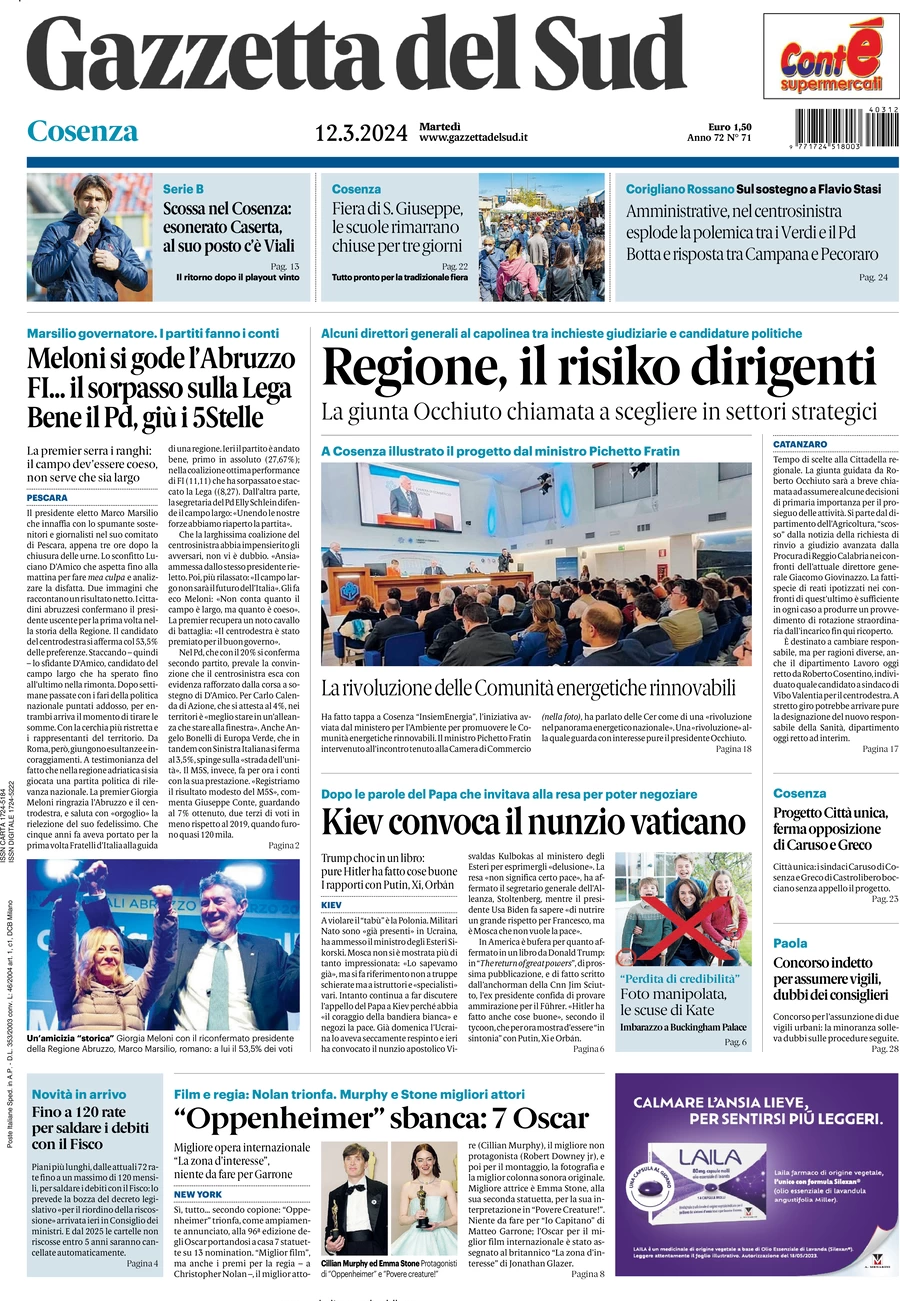 prima pagina - Gazzetta del Sud (Cosenza) del 12/03/2024