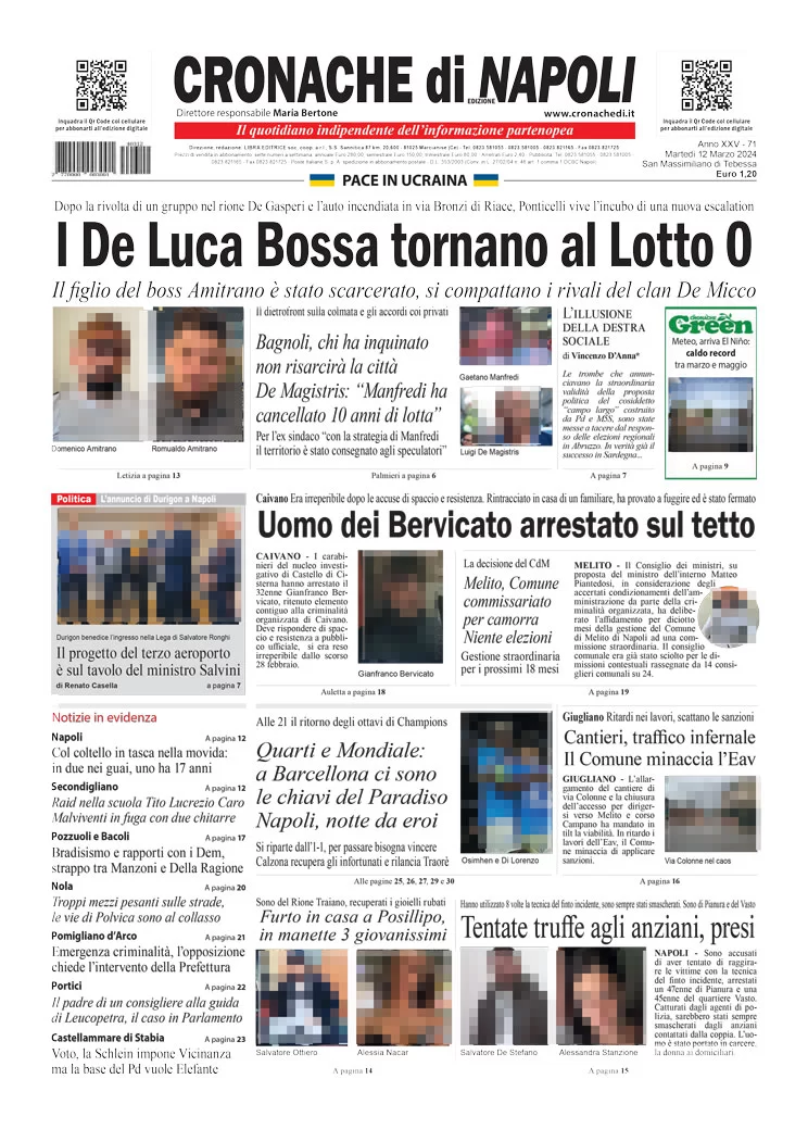 anteprima della prima pagina di cronache-di-napoli del 12/03/2024