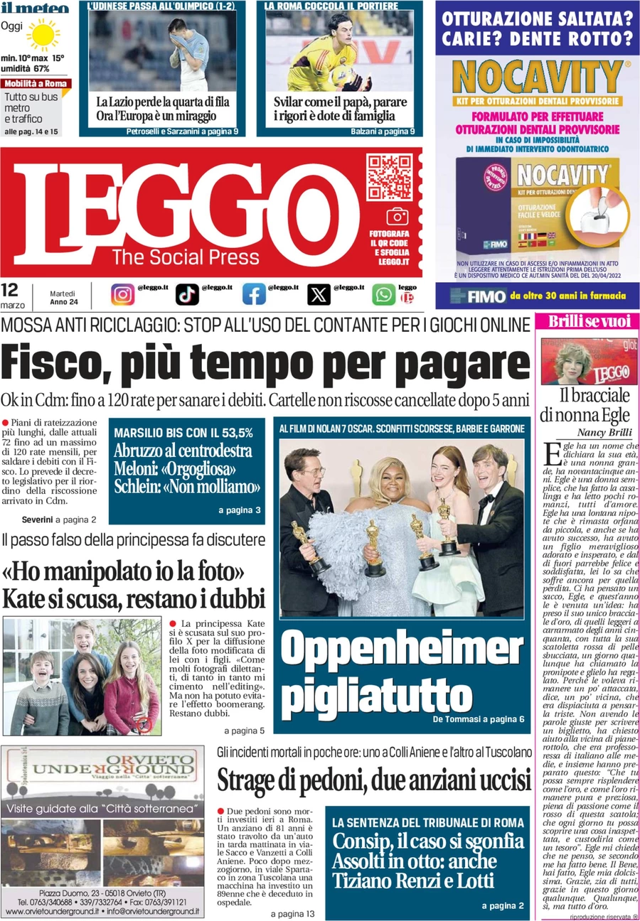 anteprima della prima pagina di leggo-roma del 12/03/2024