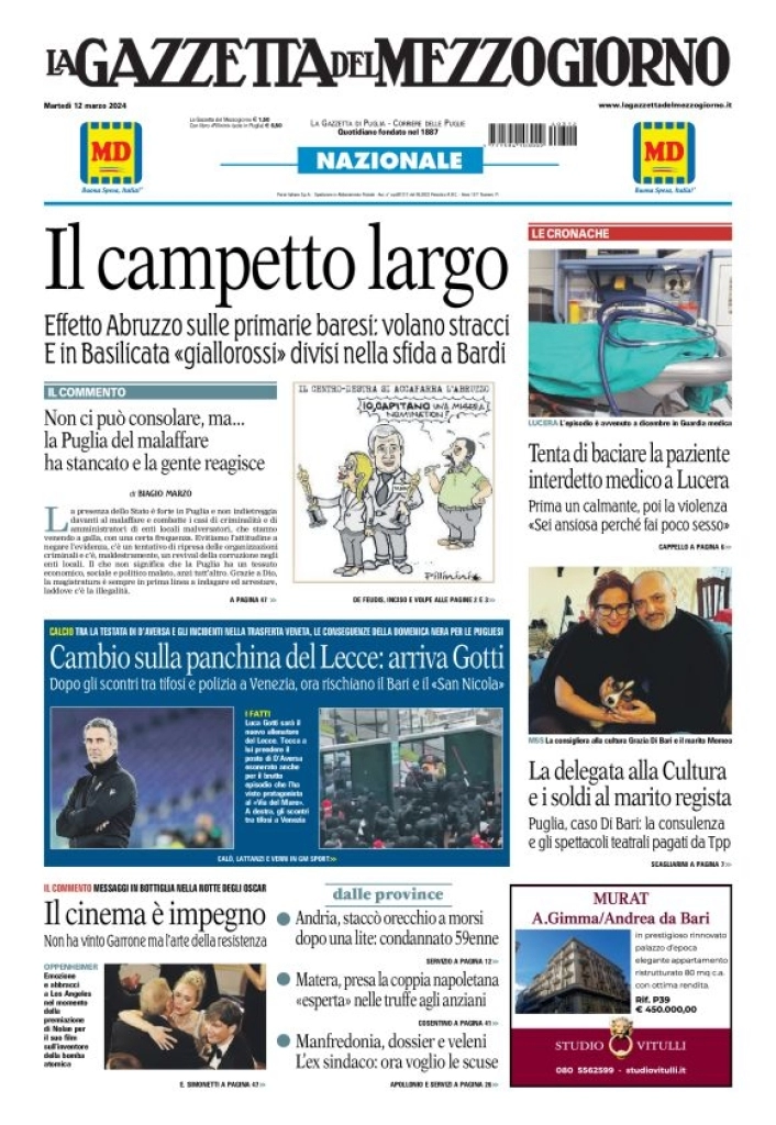 prima pagina - La Gazzetta del Mezzogiorno (Bari) del 12/03/2024