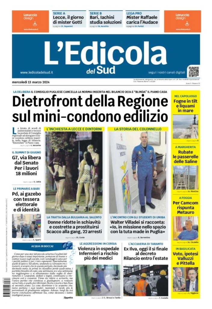 prima pagina - L'Edicola del Sud (Bari, Foggia, Basilicata) del 13/03/2024