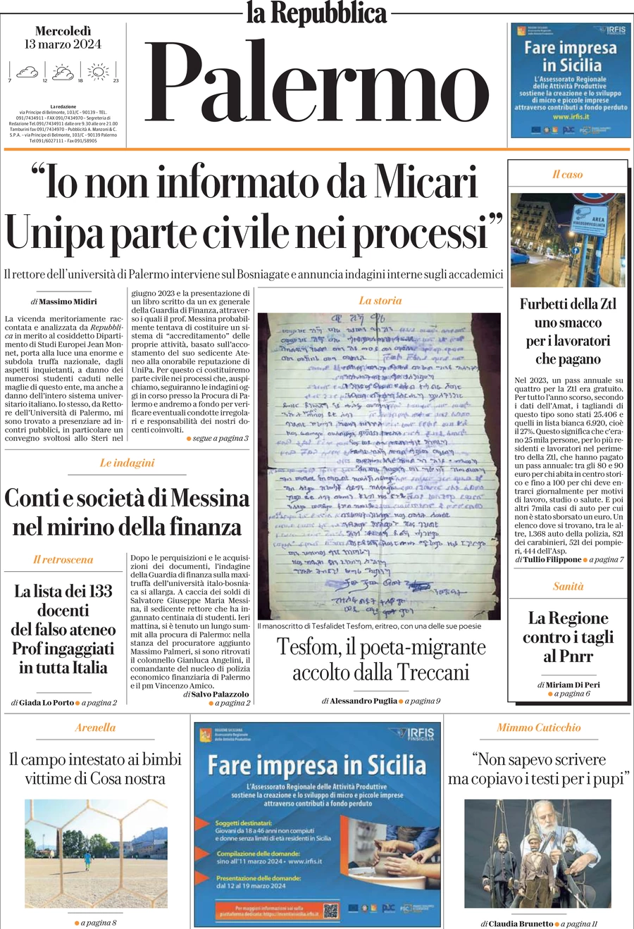 prima pagina - La Repubblica (Palermo) del 13/03/2024
