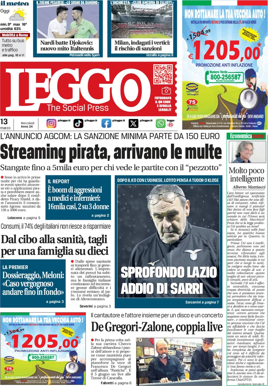 anteprima della prima pagina di leggo-roma del 13/03/2024