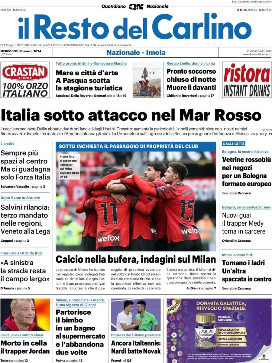 anteprima della prima pagina di il-resto-del-carlino del 13/03/2024