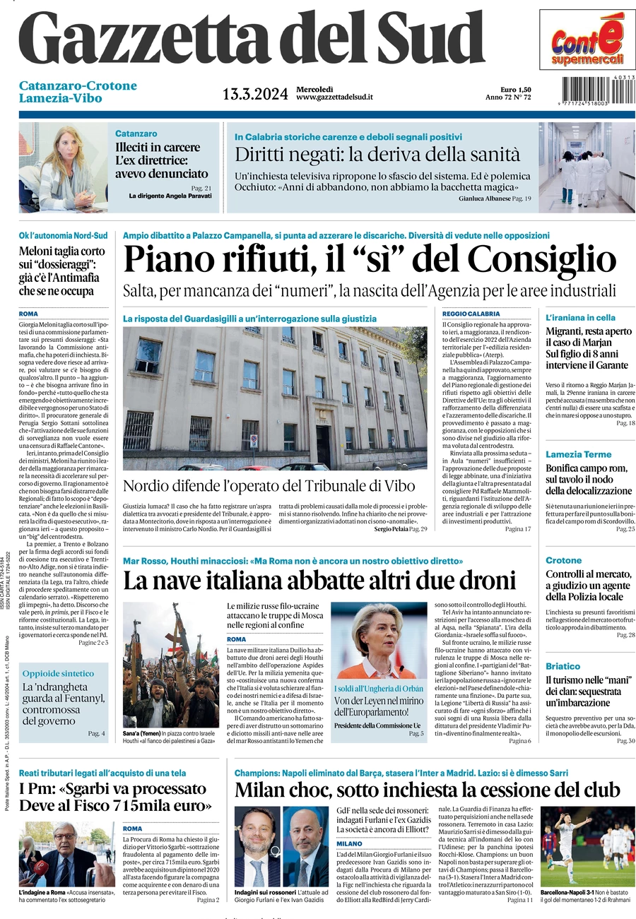 prima pagina - Gazzetta del Sud (Catanzaro) del 13/03/2024