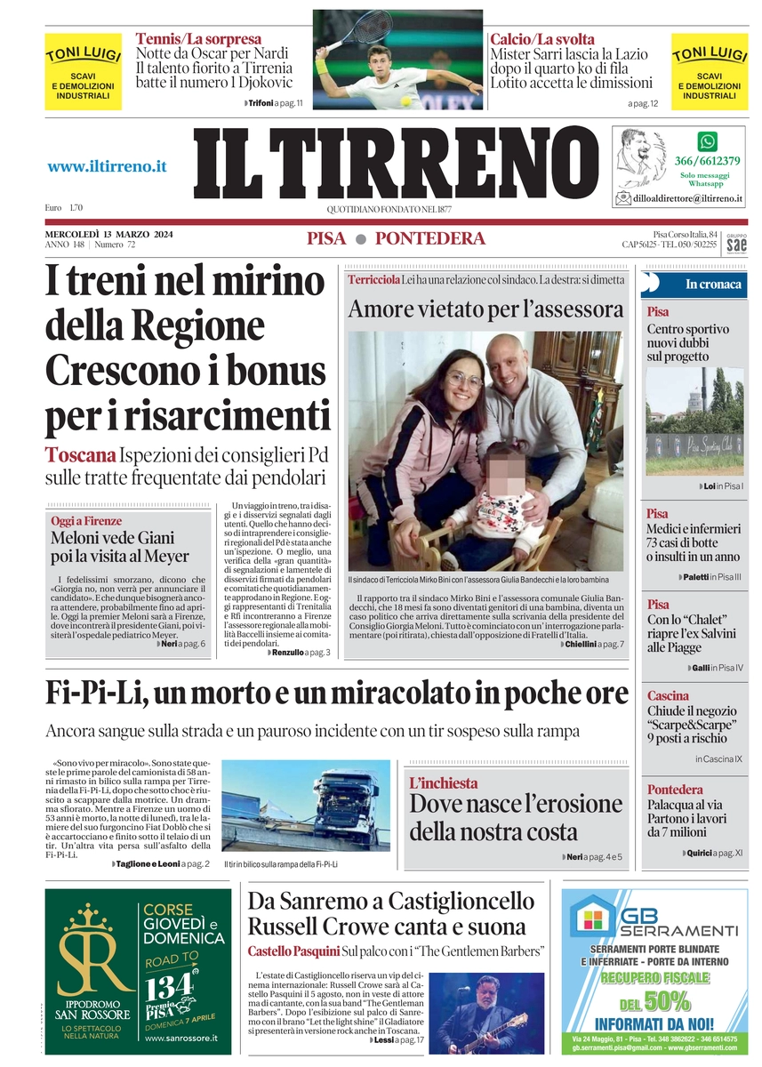 prima pagina - Il Tirreno (Pisa, Pontedera) del 13/03/2024