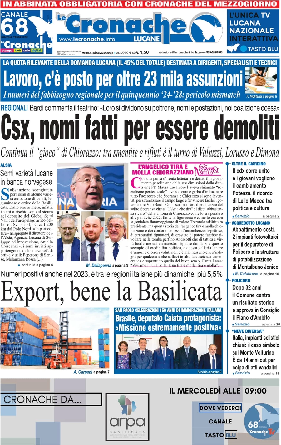 prima pagina - Le Cronache Lucane del 13/03/2024