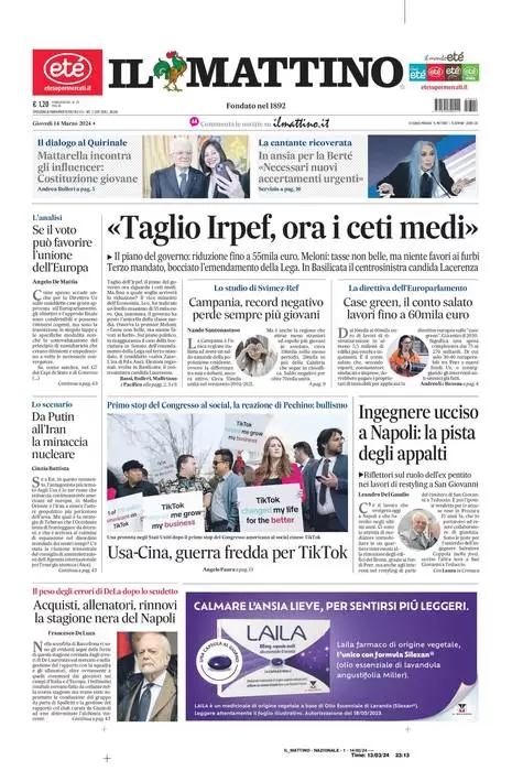 anteprima della prima pagina di il-mattino del 13/03/2024