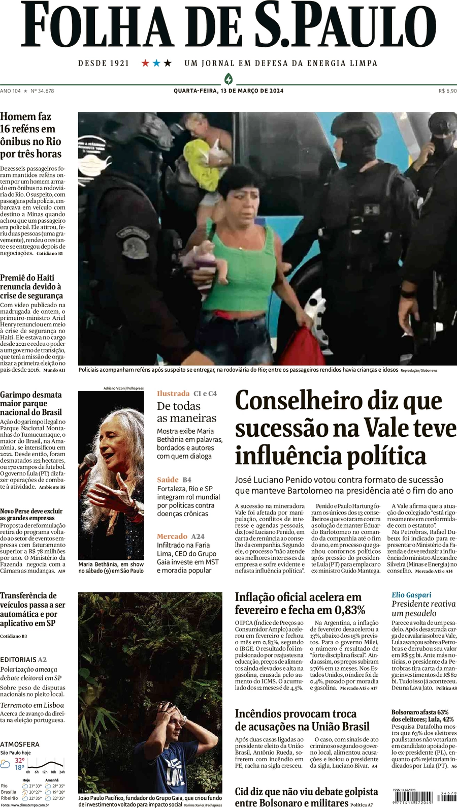 anteprima della prima pagina di folha-de-s.paulo del 13/03/2024