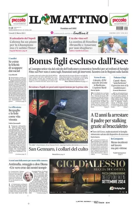 anteprima della prima pagina di il-mattino del 14/03/2024