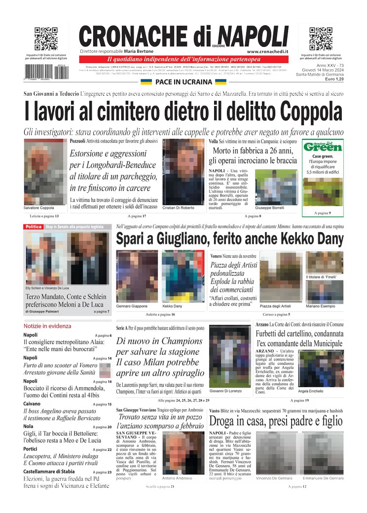 anteprima della prima pagina di cronache-di-napoli del 14/03/2024