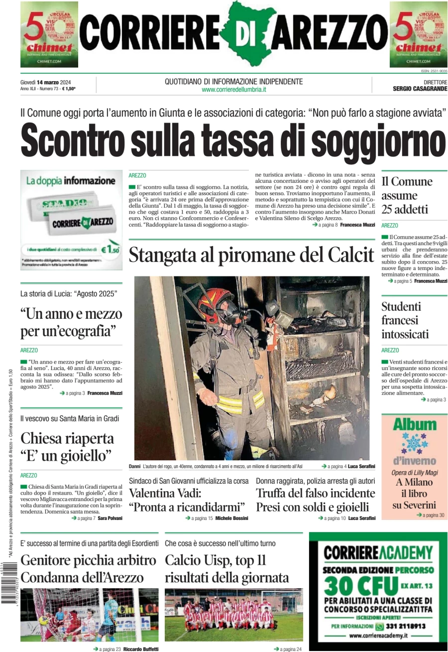 prima pagina - Corriere di Arezzo del 14/03/2024
