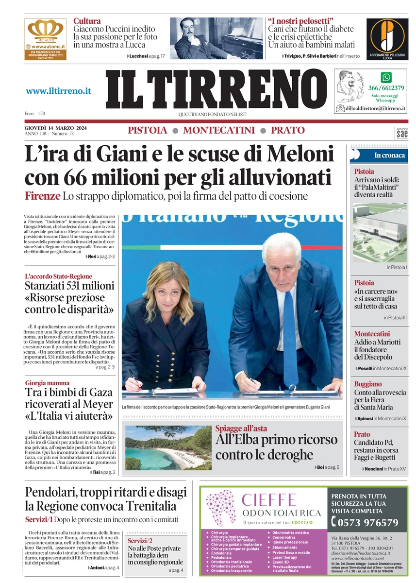 prima pagina - Il Tirreno (Pistoia, Montecatini, Prato) del 14/03/2024
