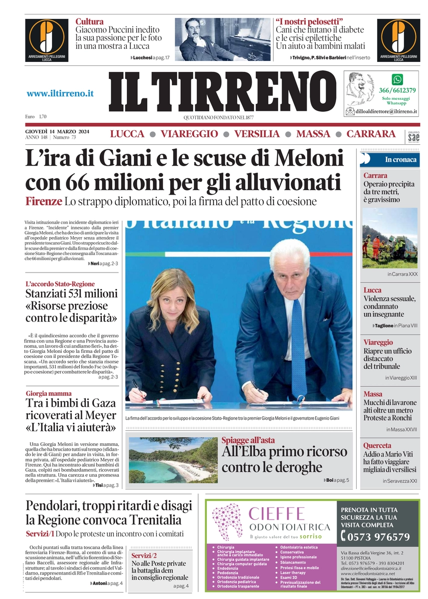 prima pagina - Il Tirreno (Lucca, Viareggio) del 14/03/2024