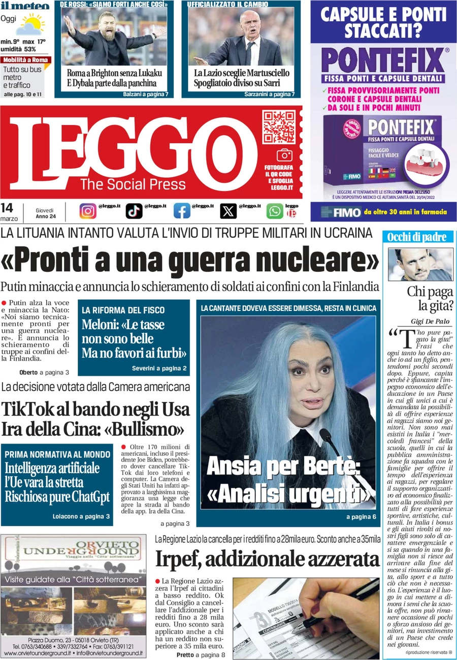 anteprima della prima pagina di leggo-roma del 14/03/2024