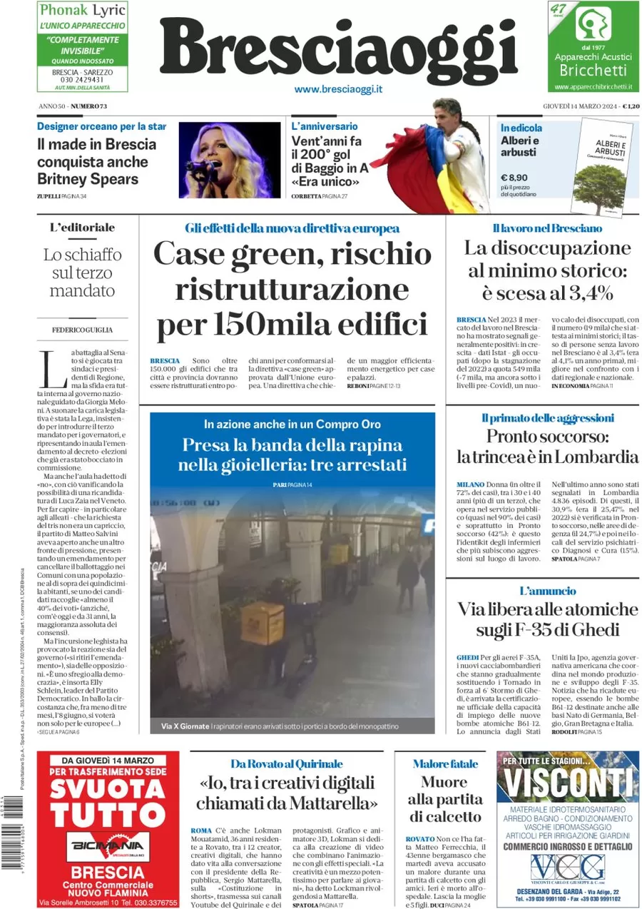 prima pagina - Brescia Oggi del 14/03/2024