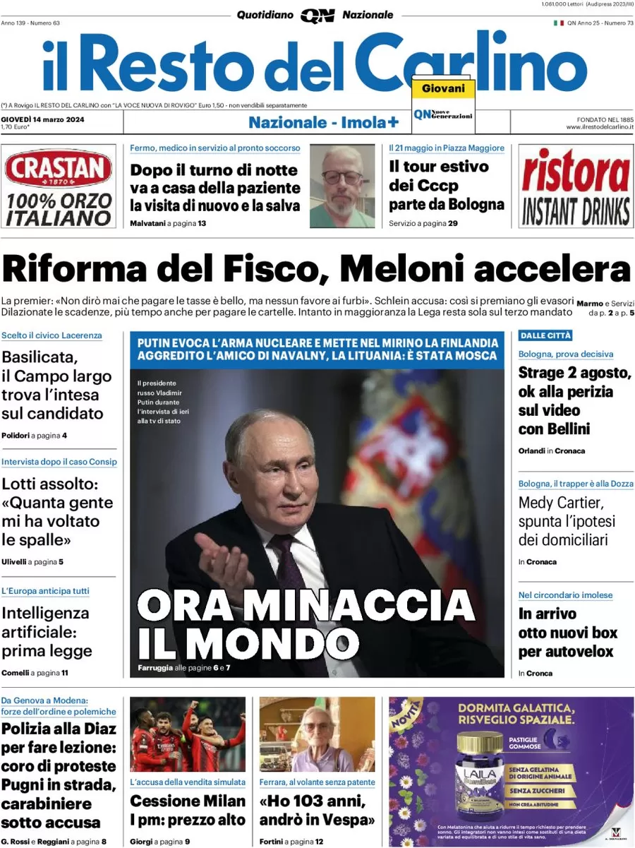 anteprima della prima pagina di il-resto-del-carlino del 14/03/2024