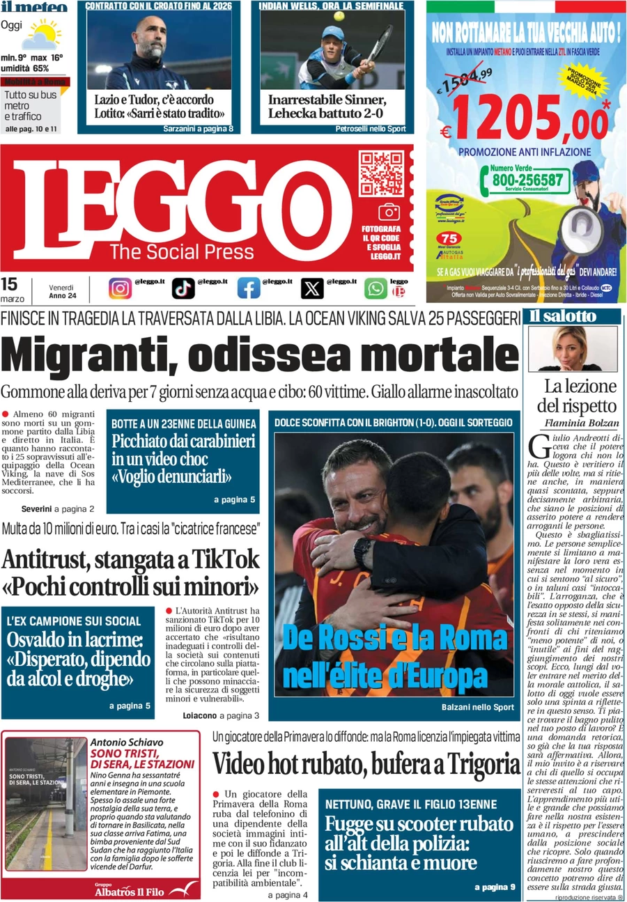 anteprima della prima pagina di leggo-roma del 15/03/2024