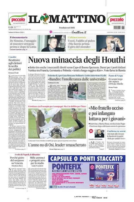 anteprima della prima pagina di il-mattino del 15/03/2024