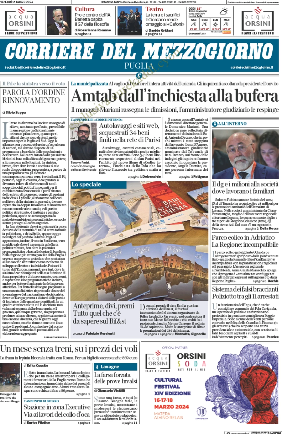 prima pagina - Corriere del Mezzogiorno (Puglia) del 15/03/2024