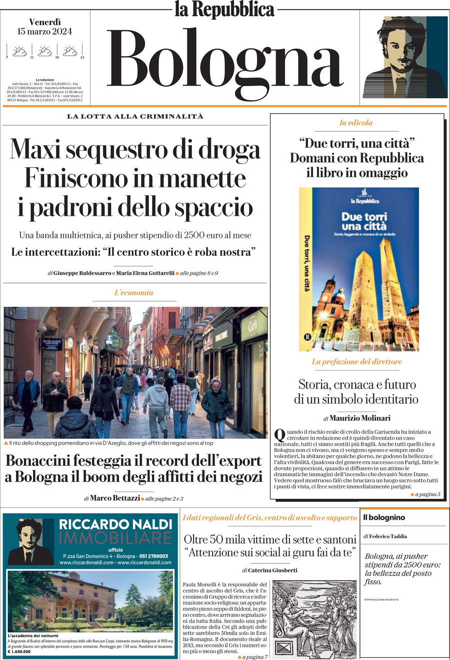 prima pagina - La Repubblica (Bologna) del 15/03/2024