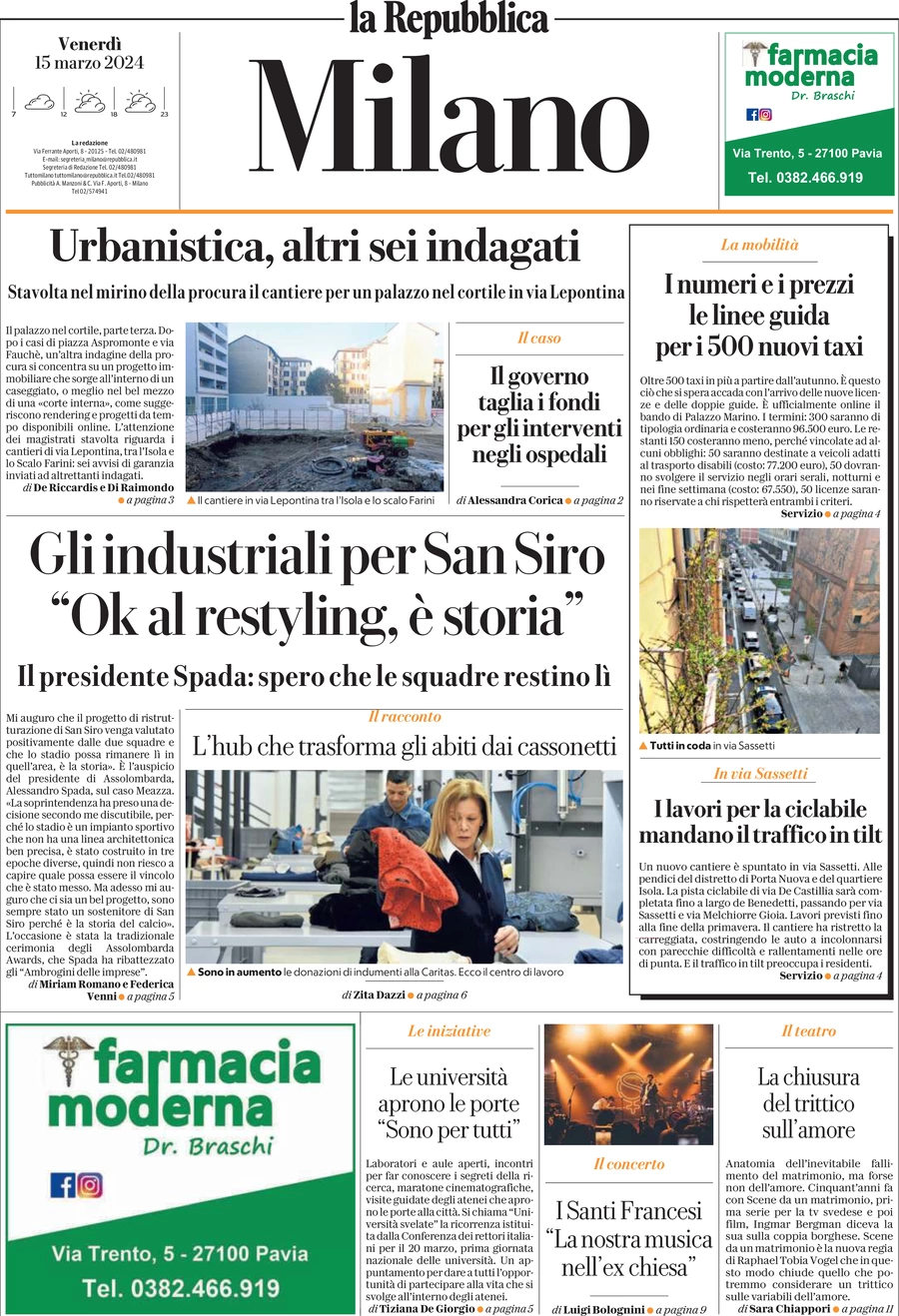 prima pagina - La Repubblica (Milano) del 15/03/2024