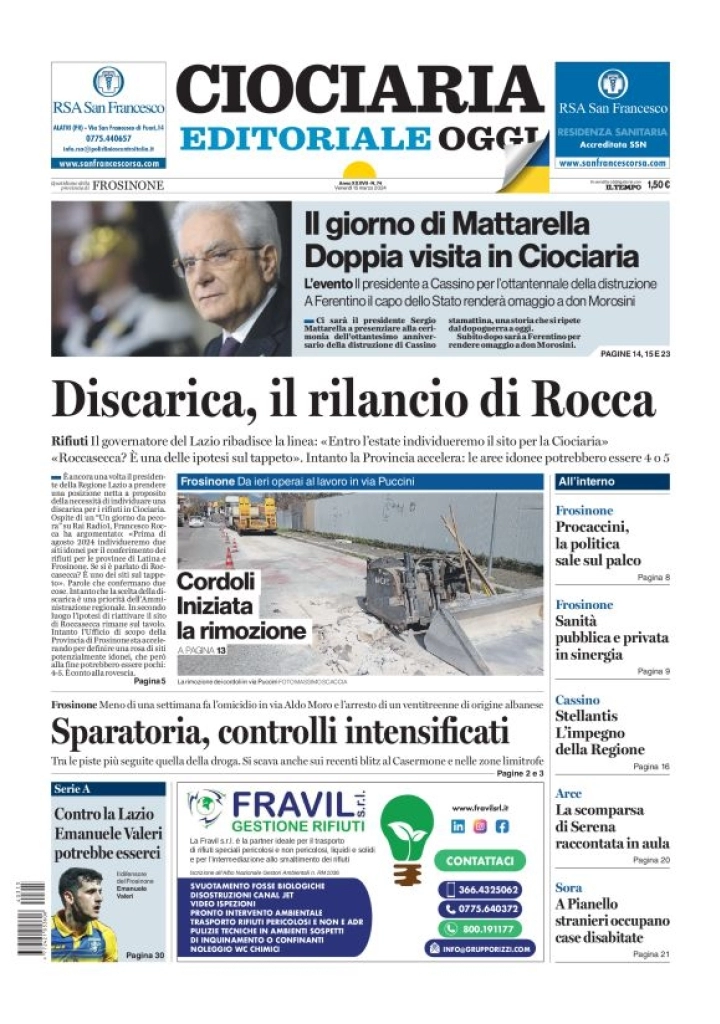 prima pagina - Ciociaria Editoriale Oggi del 15/03/2024