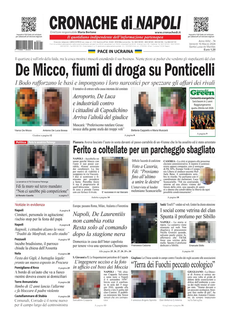 anteprima della prima pagina di cronache-di-napoli del 15/03/2024