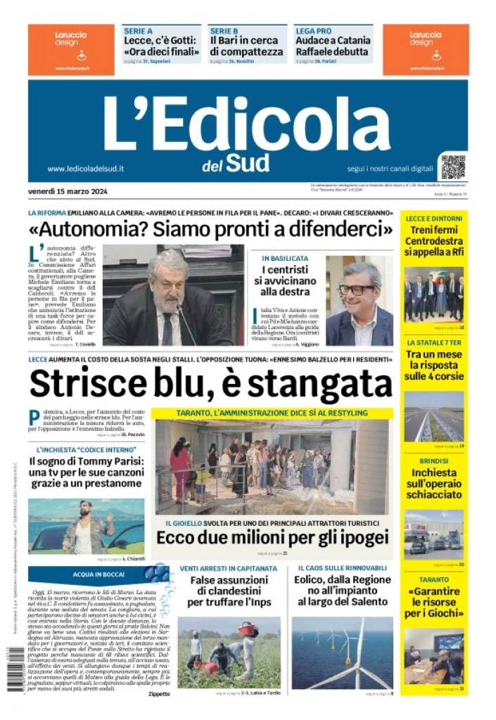 prima pagina - L'Edicola del Sud (Lecce) del 15/03/2024