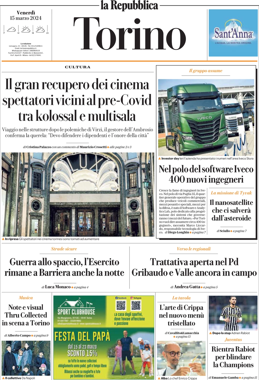 prima pagina - La Repubblica (Torino) del 15/03/2024