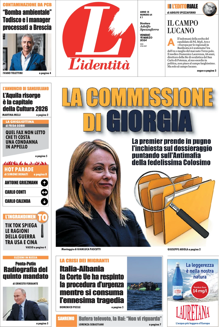 anteprima della prima pagina di lidentit del 15/03/2024