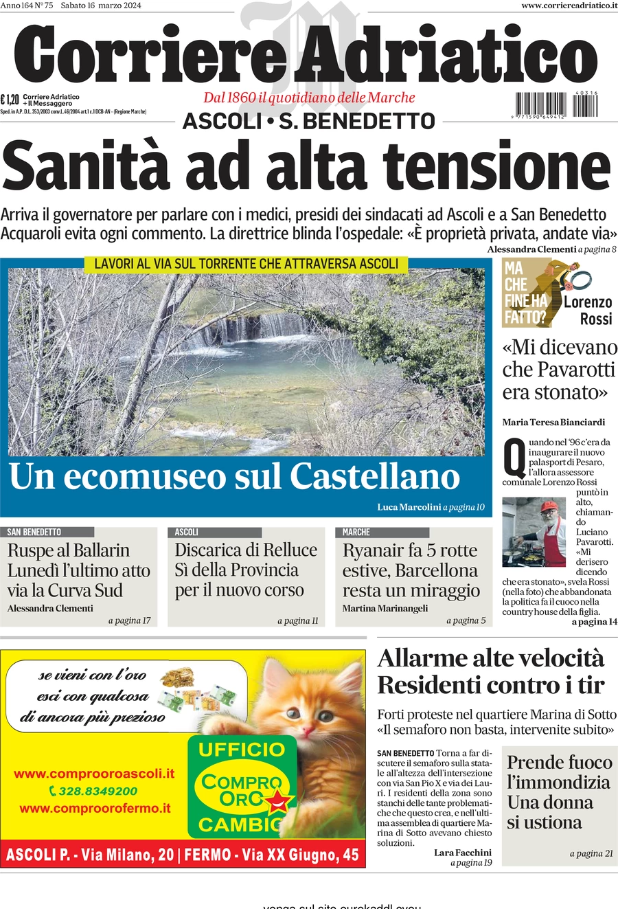 prima pagina - Corriere Adriatico (Ascoli) del 16/03/2024