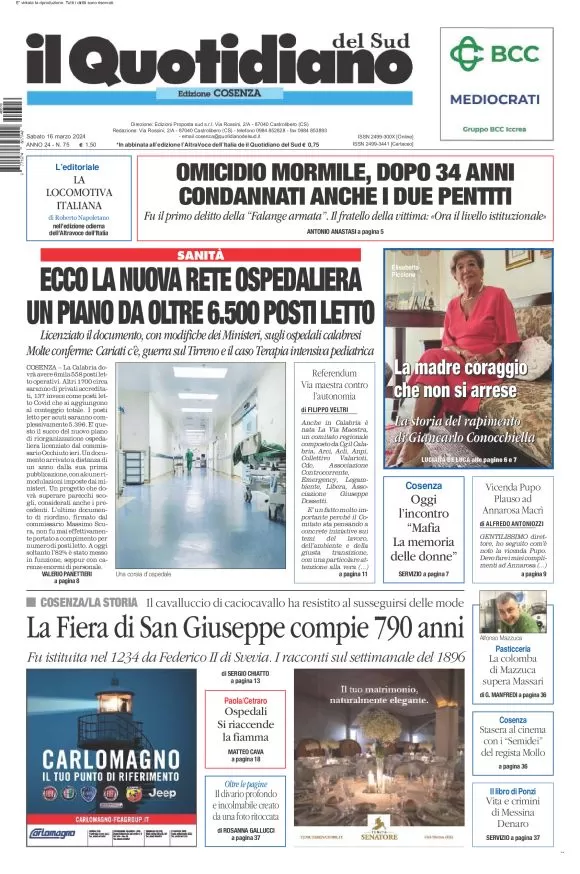 prima pagina - Il Quotidiano del Sud (Cosenza) del 16/03/2024