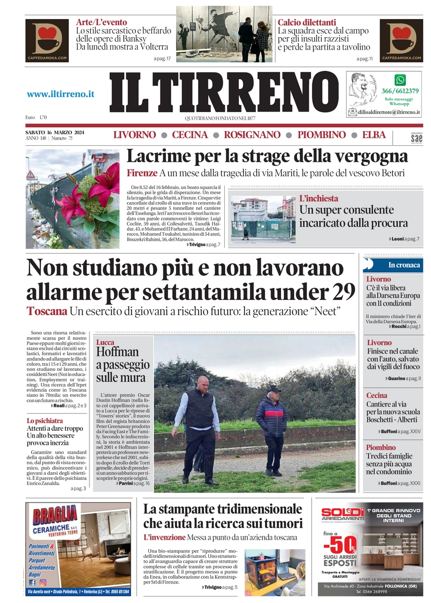 prima pagina - Il Tirreno (Livorno, Cecina) del 16/03/2024