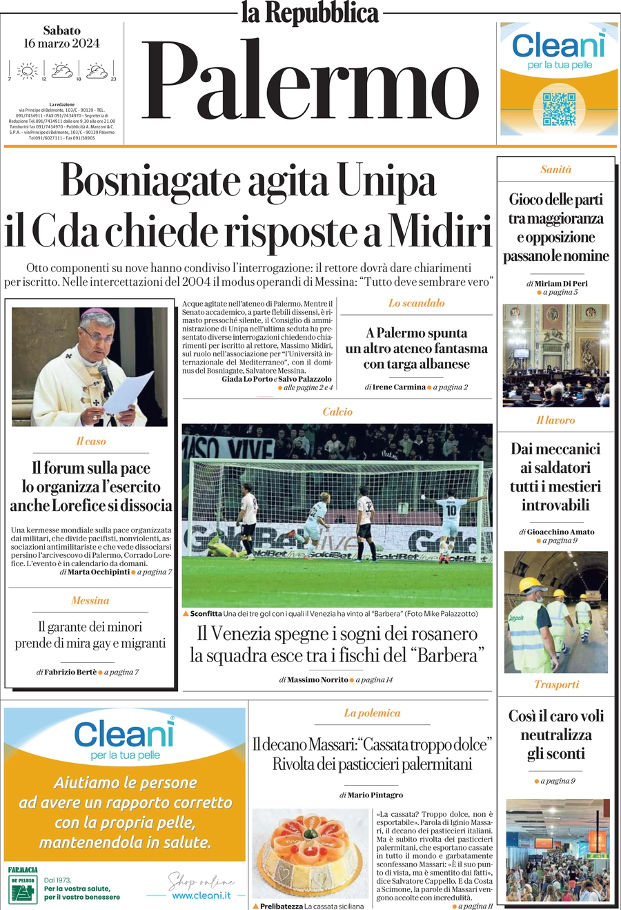 prima pagina - La Repubblica (Palermo) del 16/03/2024
