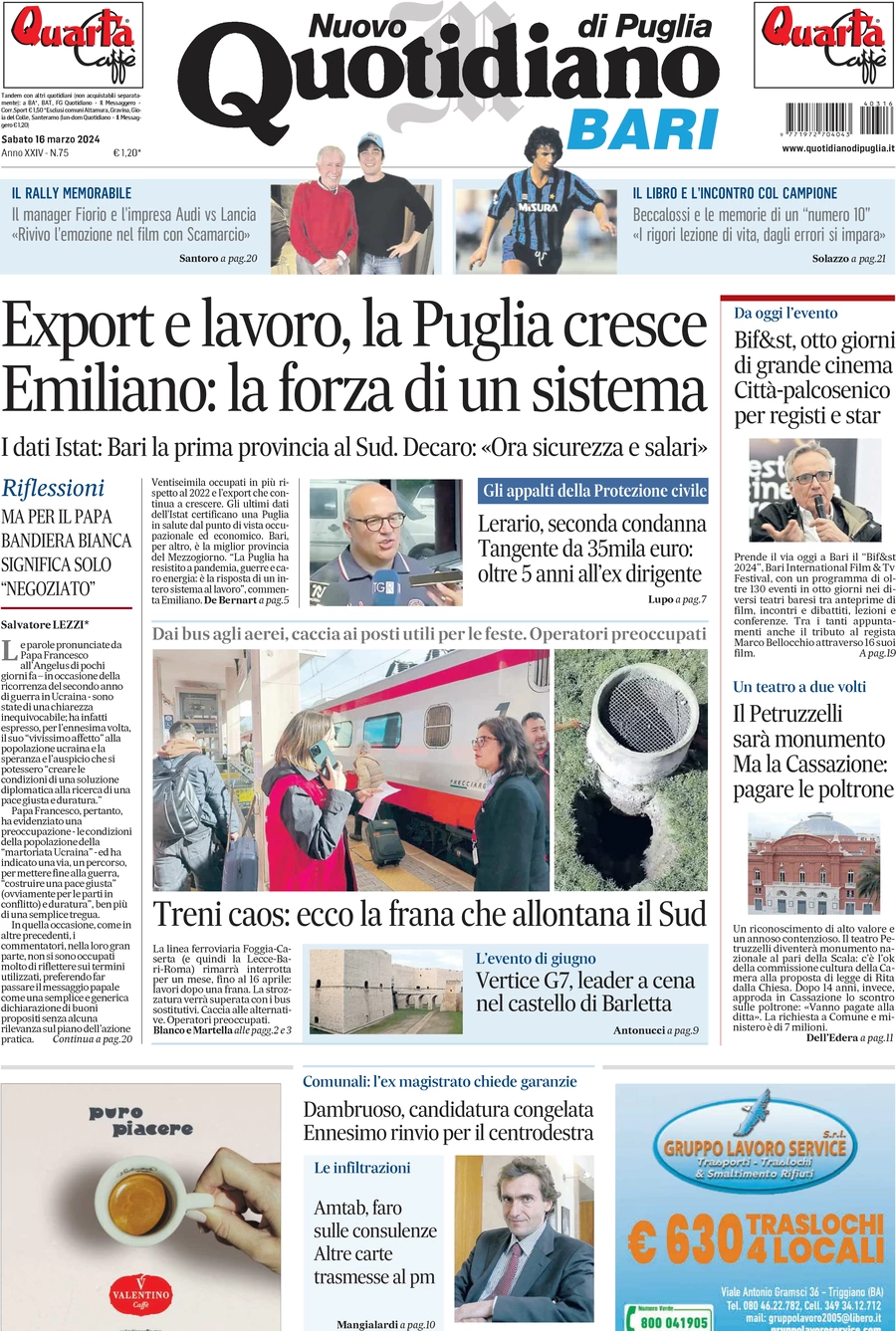 prima pagina - Nuovo Quotidiano di Puglia (Bari) del 16/03/2024