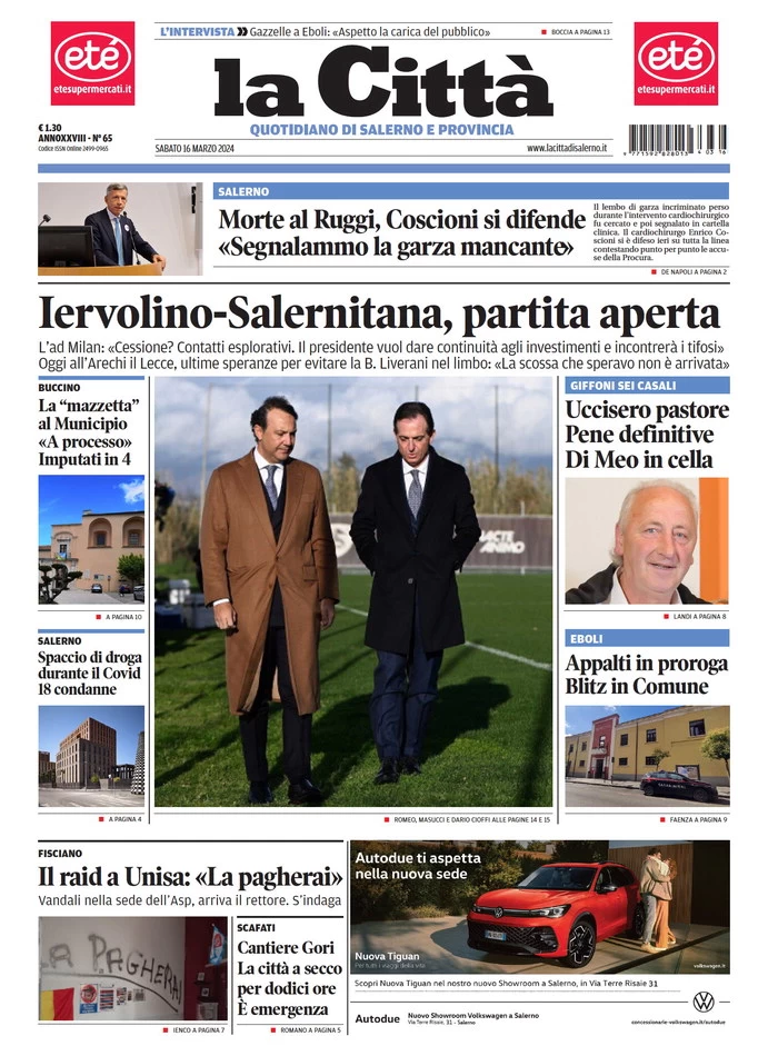 prima pagina - La Citt (Salerno) del 16/03/2024