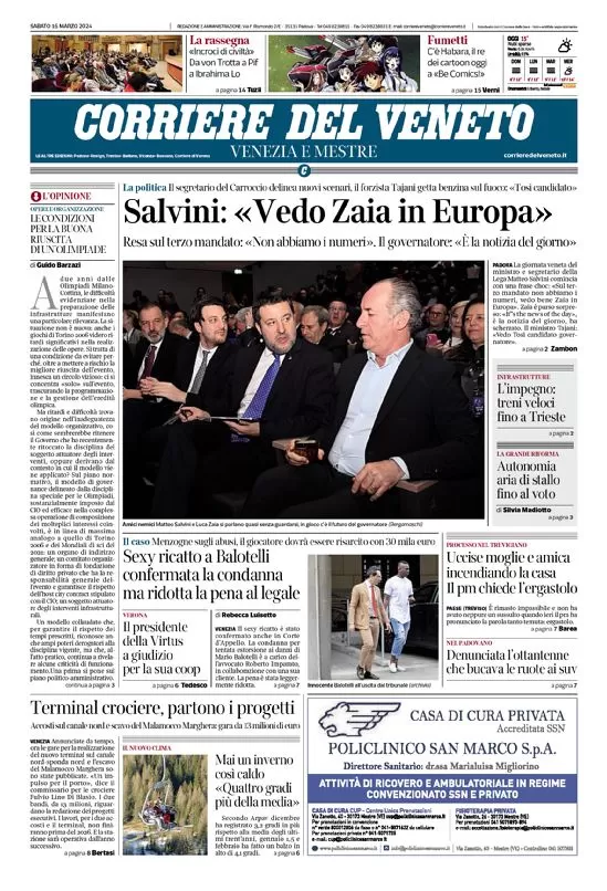 prima pagina - Corriere del Veneto del 16/03/2024