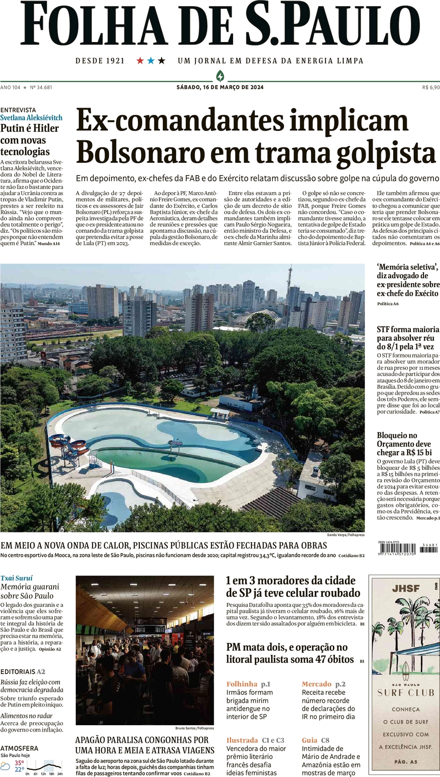 anteprima della prima pagina di folha-de-s.paulo del 16/03/2024