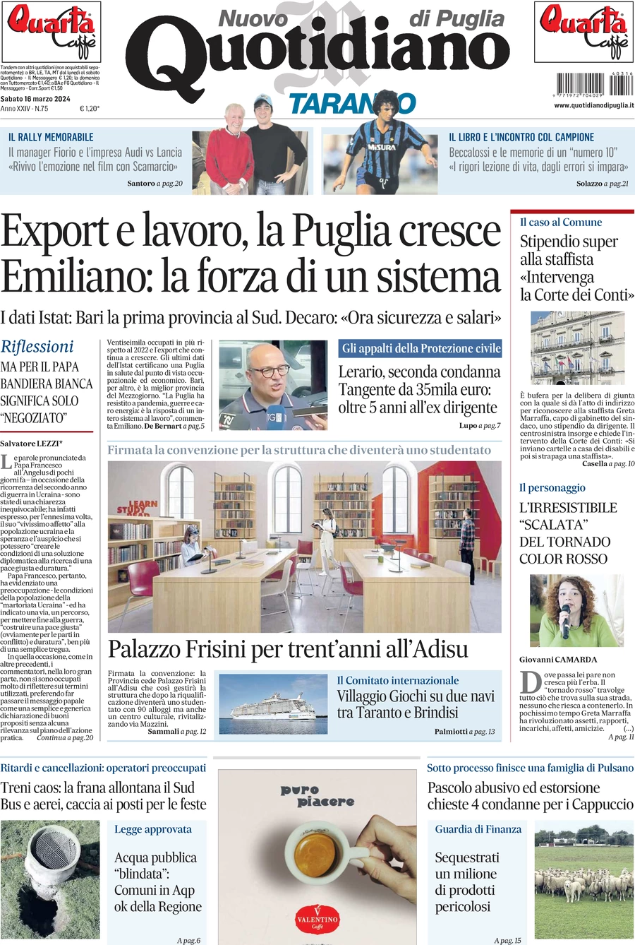 prima pagina - Nuovo Quotidiano di Puglia (Taranto) del 16/03/2024