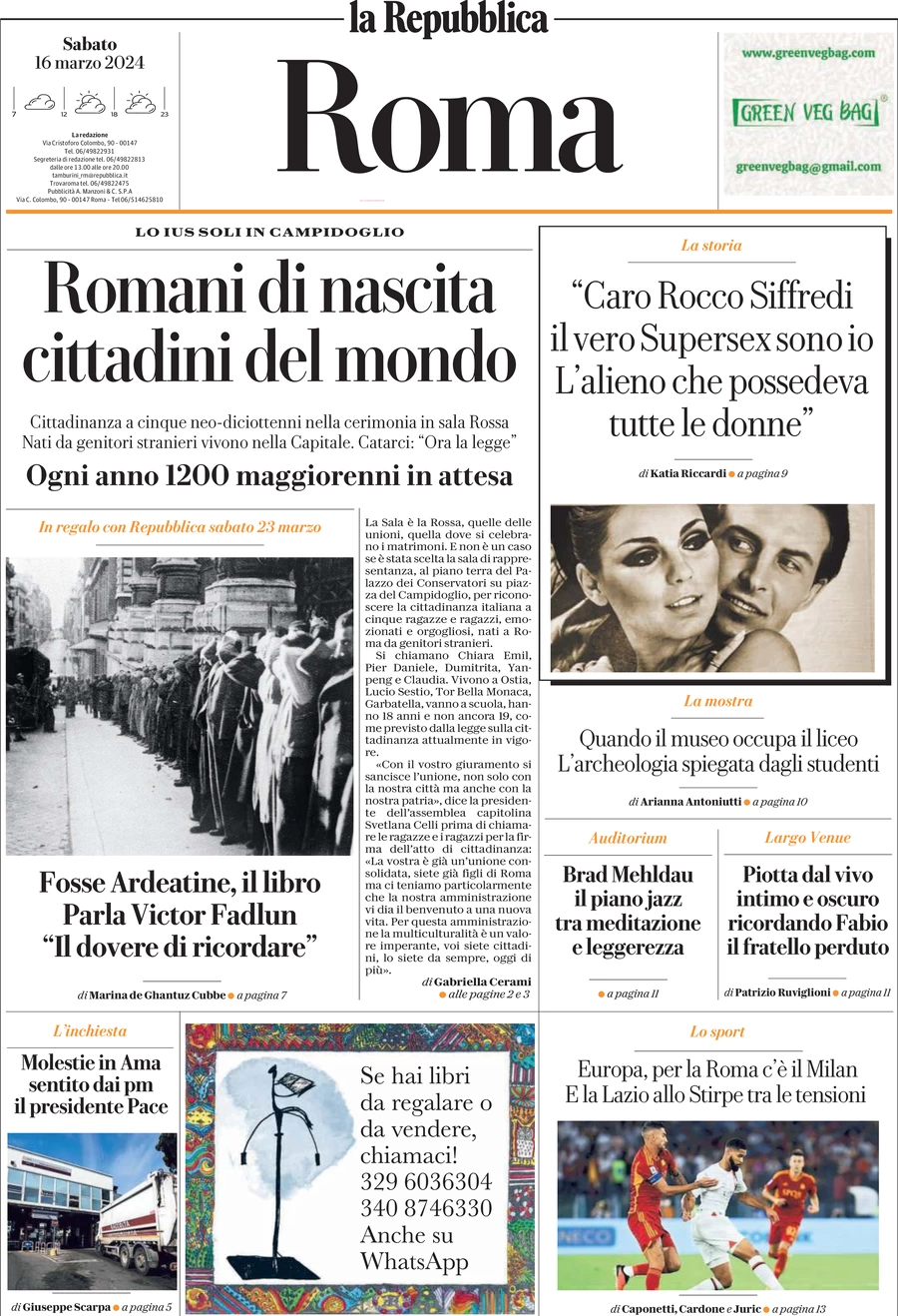 prima pagina - La Repubblica (Roma) del 16/03/2024