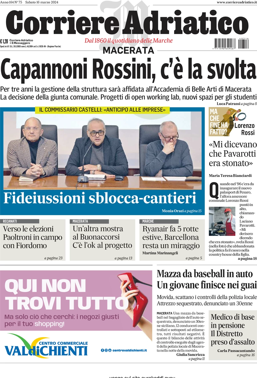 prima pagina - Corriere Adriatico (Macerata) del 16/03/2024