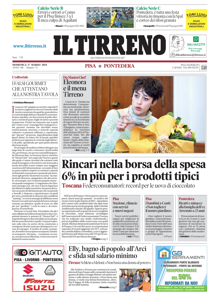 prima pagina - Il Tirreno (Pisa, Pontedera) del 17/03/2024
