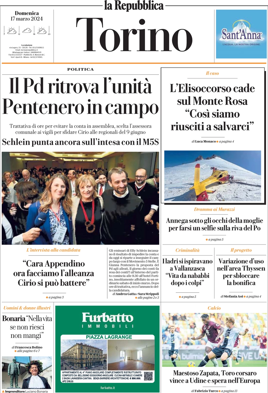 prima pagina - La Repubblica (Torino) del 17/03/2024