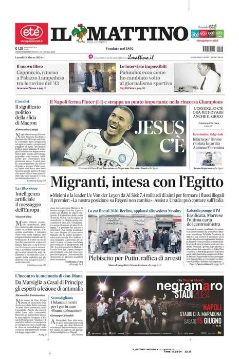 anteprima della prima pagina di il-mattino del 17/03/2024